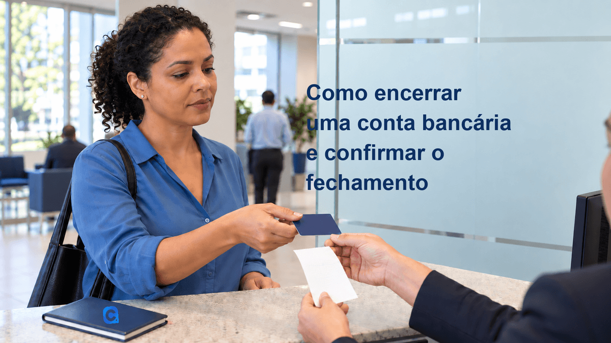 Cliente conversa com atendente em uma agência bancária neutra, devolve um cartão sem marca e recebe um comprovante em branco; símbolo Meu Consig aparece uma vez em um caderno azul no balcão.