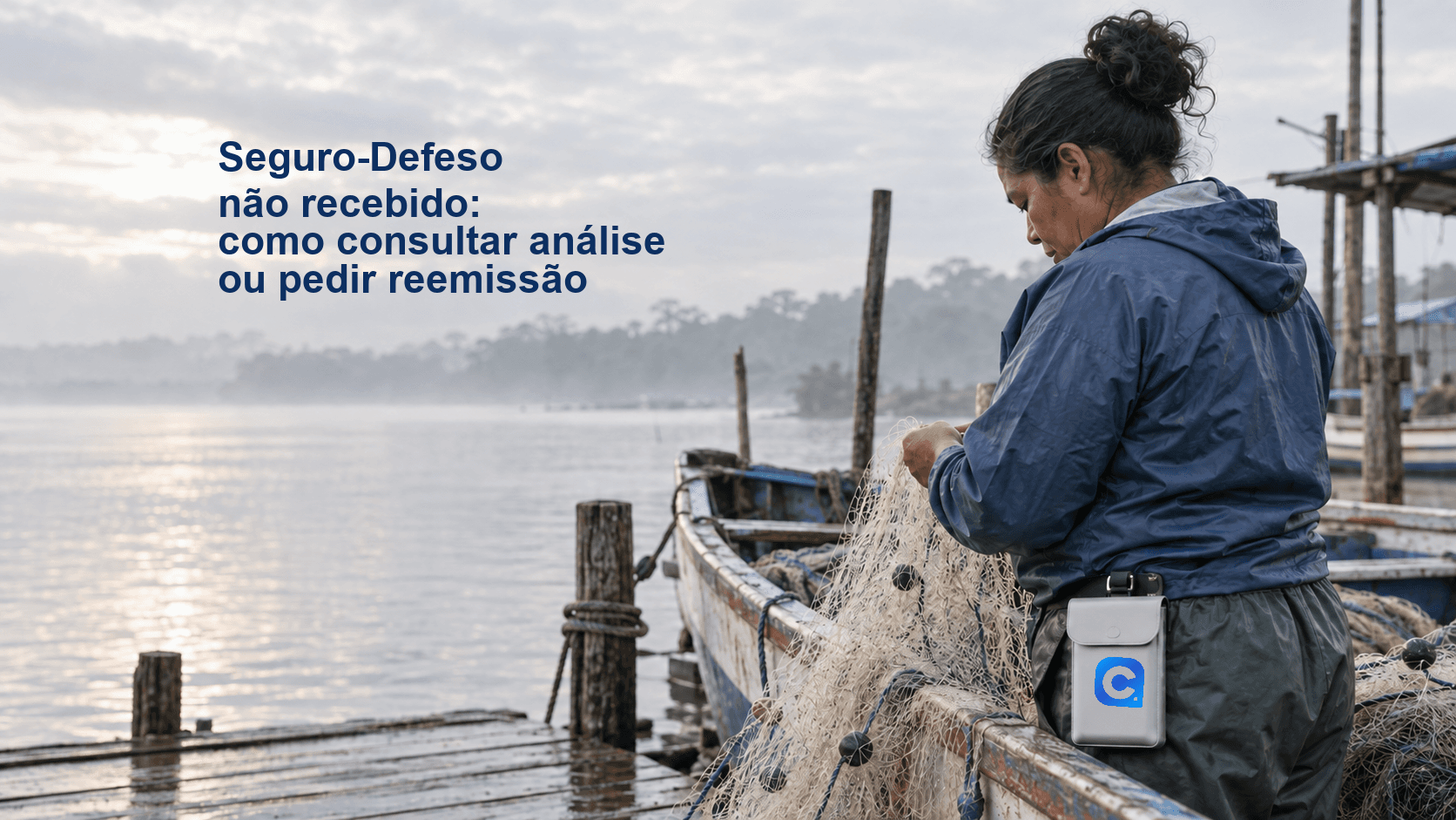 Pescadora artesanal confere uma rede ao lado de um barco, com bolsa cinza no cinto.
