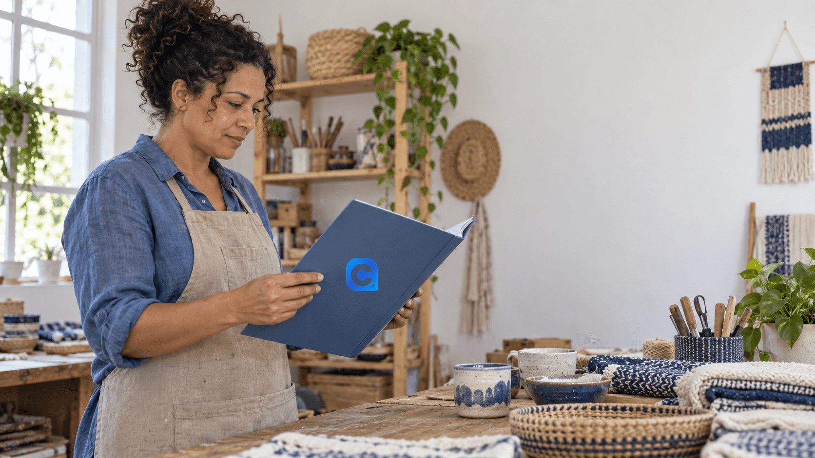 Pessoa adulta verifica documentos de sua atividade MEI numa oficina.