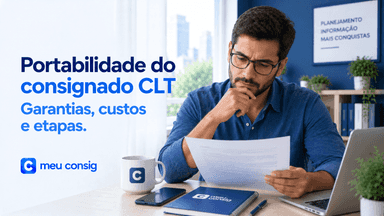 Portabilidade do consignado CLT: garantias, custos e etapas. Homem analisa documentos ao lado de um notebook.