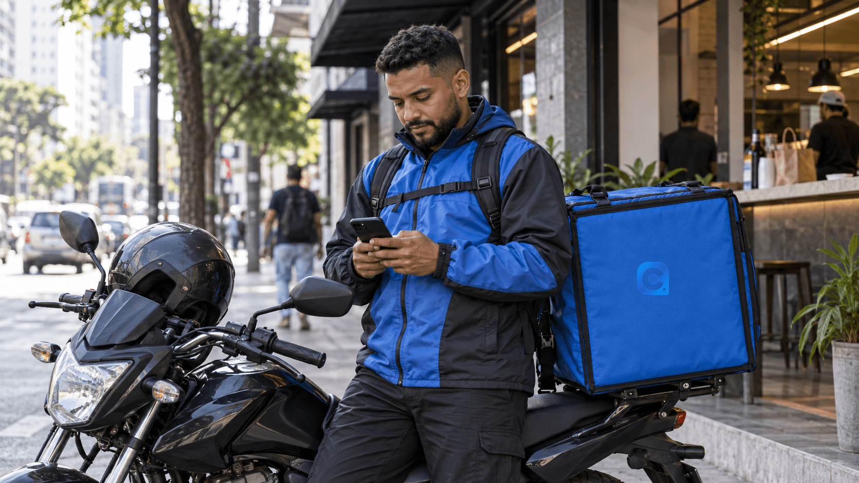 Entregador adulto confere o celular junto da motocicleta e bolsa térmica azul com o símbolo Meu Consig em rua urbana.
