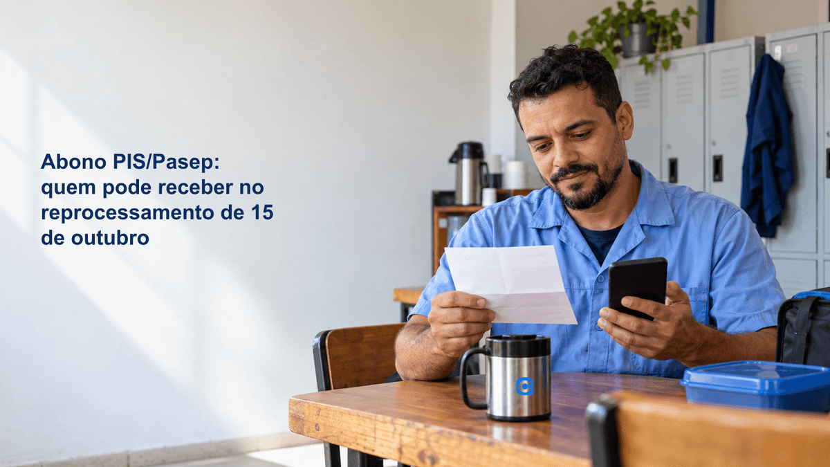 Trabalhador de camisa azul confere uma folha e o celular durante uma pausa, com uma caneca metalica sobre a mesa.