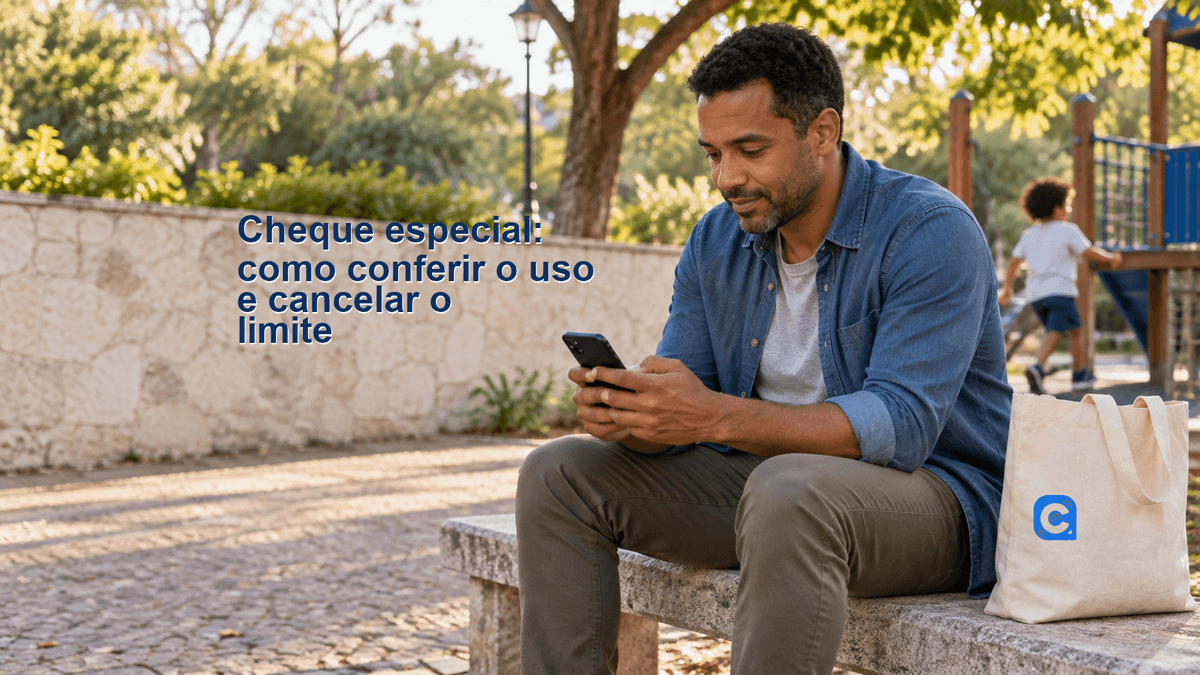 Homem sentado em um banco de parque confere o celular, com uma bolsa de lona ao lado e uma criança ao fundo.