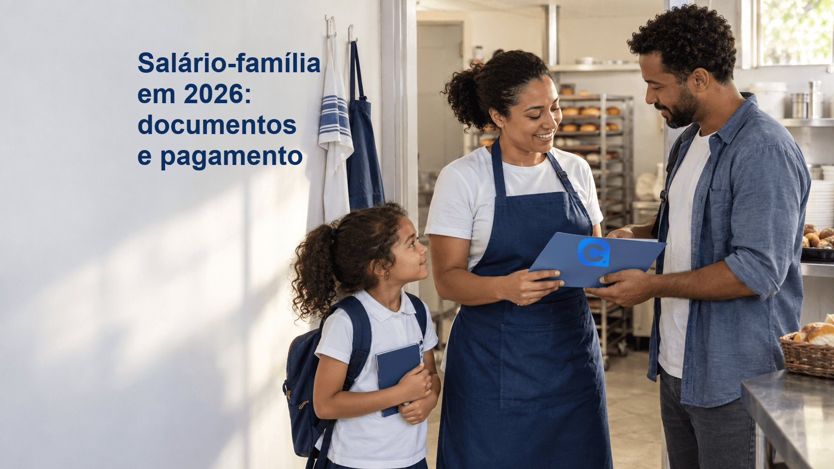 Trabalhadora de padaria conversa com a família enquanto organiza uma pasta azul com o símbolo Meu Consig e documentos da criança em ambiente claro.
