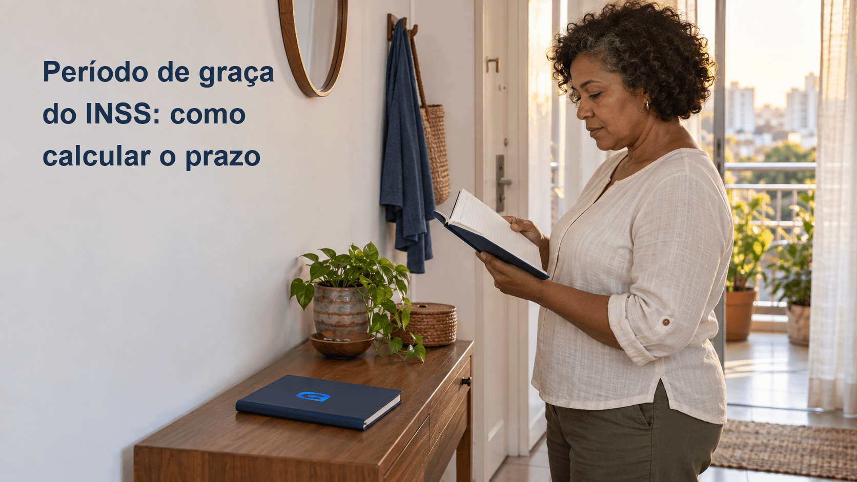 Mulher consultando um caderno em casa, com título Período de graça do INSS: como calcular o prazo e símbolo Meu Consig em planner azul.