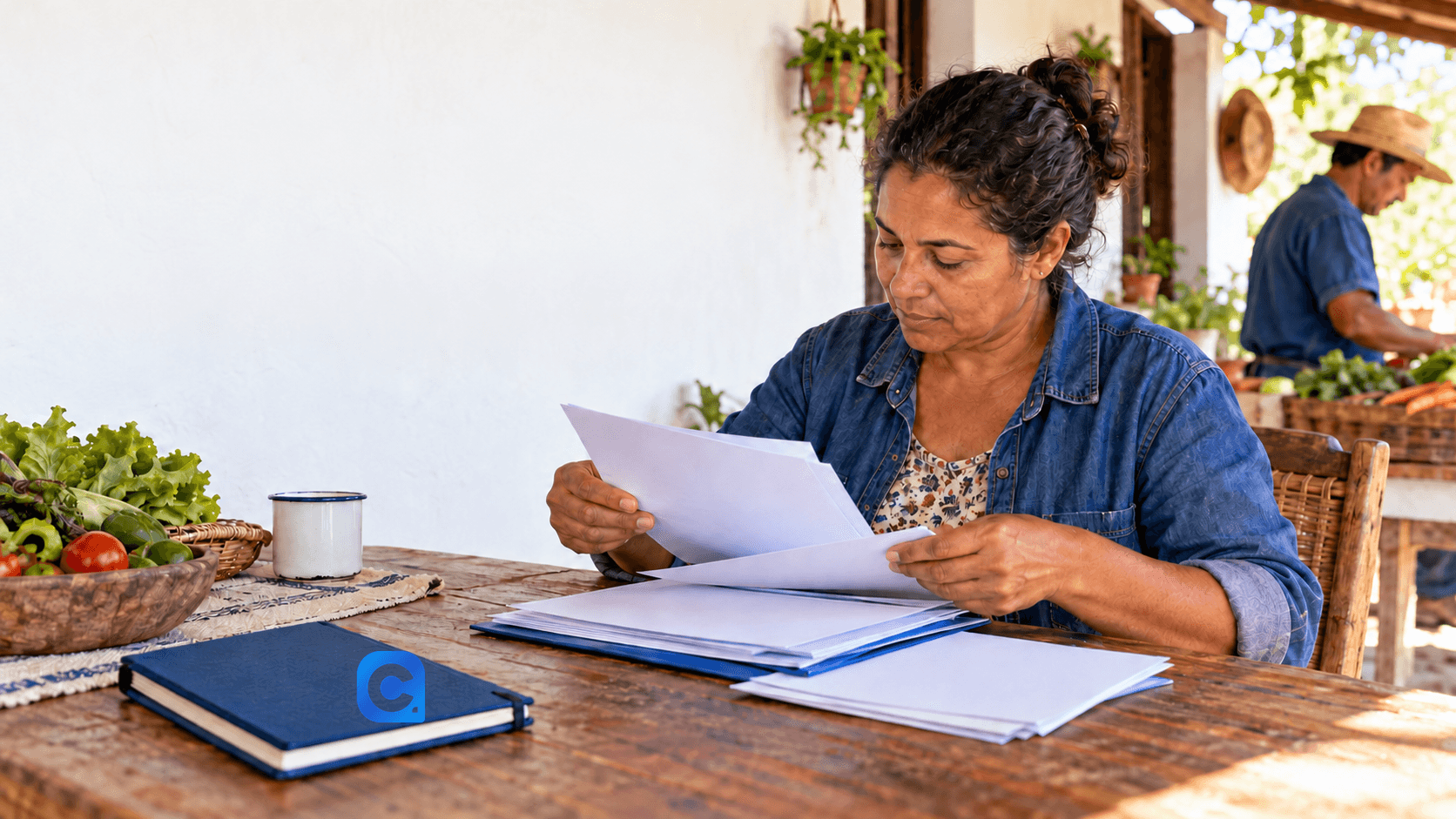 Trabalhadora rural organiza registros da atividade em casa, com familiar separando a produção ao fundo.