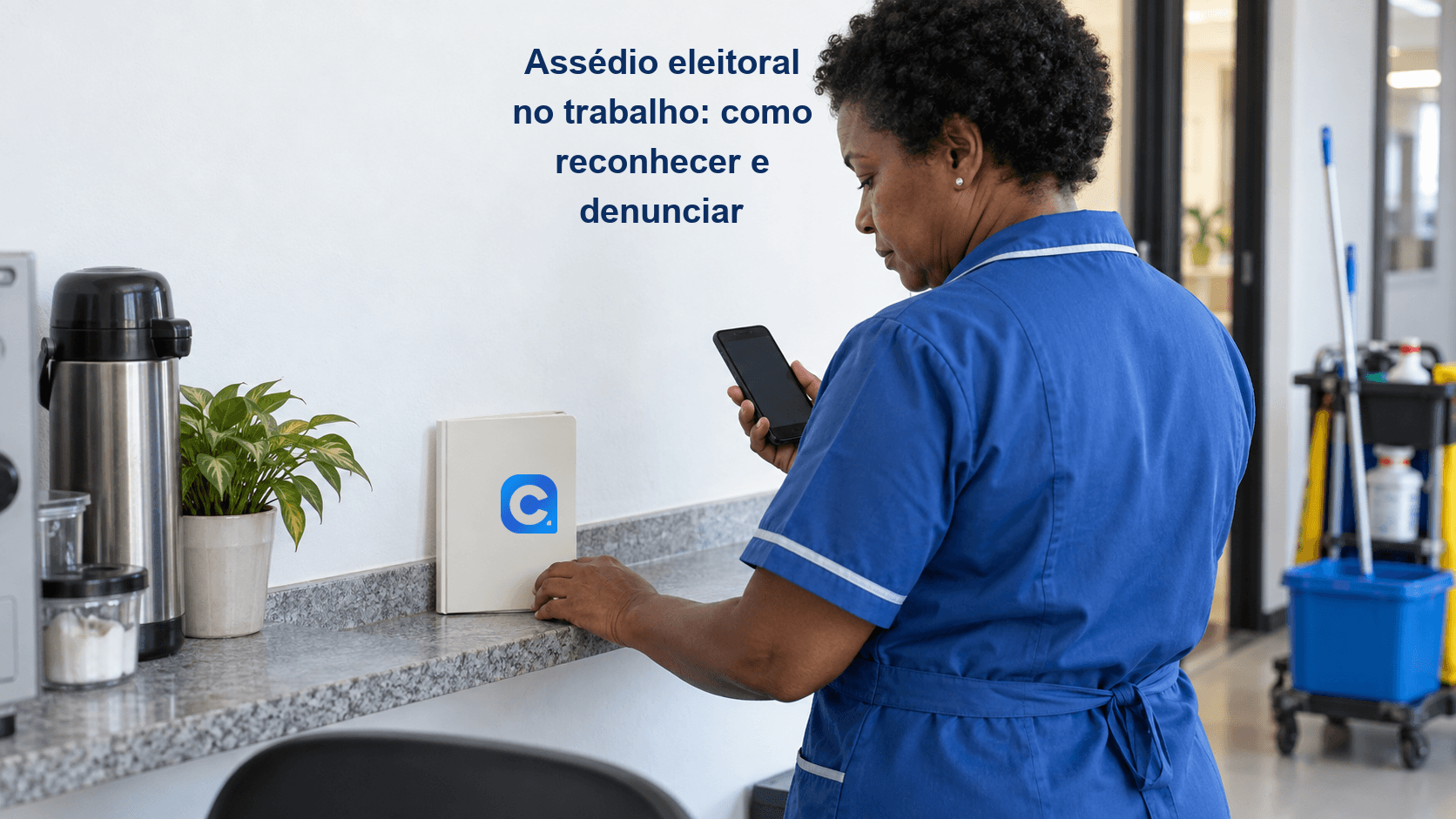 Trabalhadora preserva mensagem recebida no celular durante intervalo; símbolo oficial em caderno.