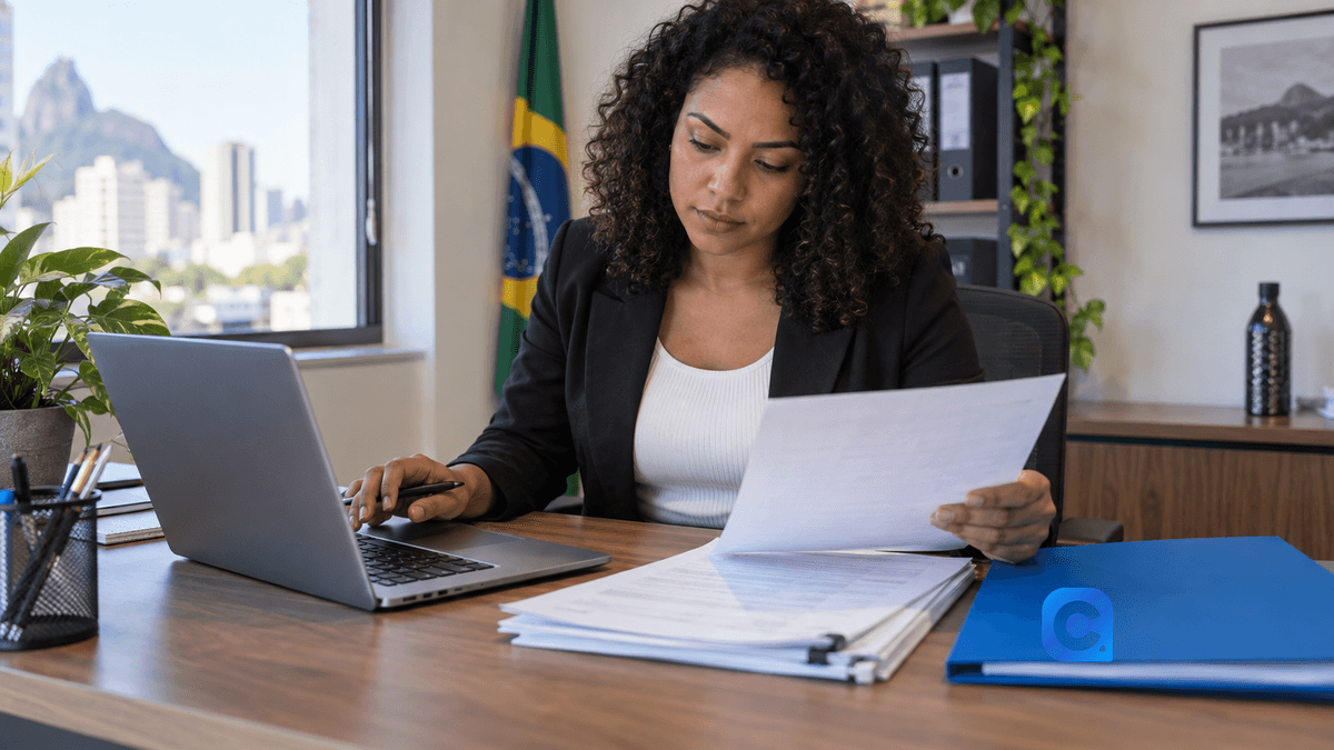 Profissional confere guia de recolhimento FGTS Digital em escritório com pasta azul