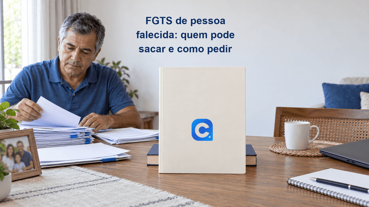 Familiar organiza documentos para solicitar FGTS de pessoa falecida; símbolo oficial em pasta.
