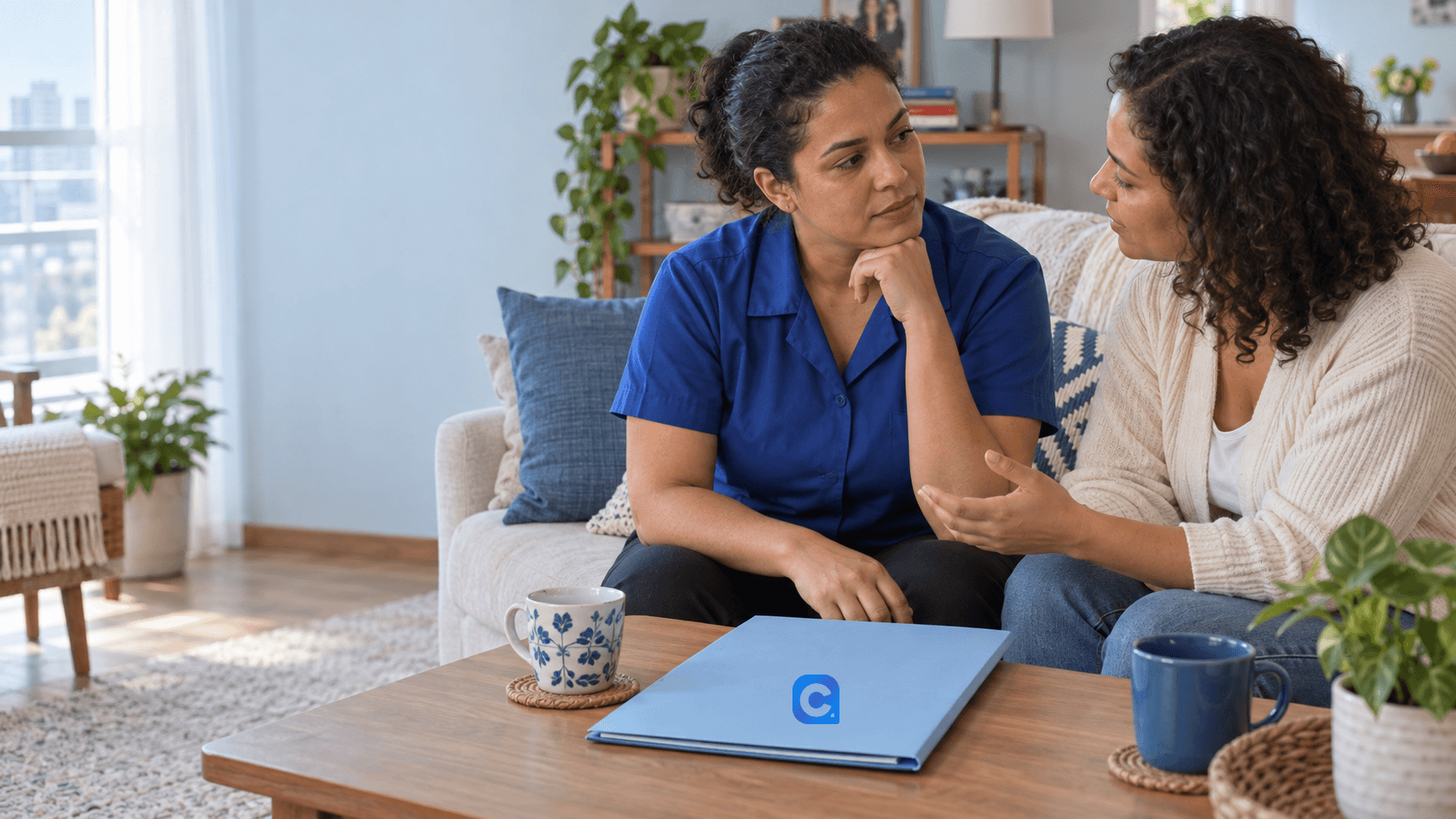 Duas mulheres adultas conversam em casa, ao lado de uma pasta azul sobre a mesa.