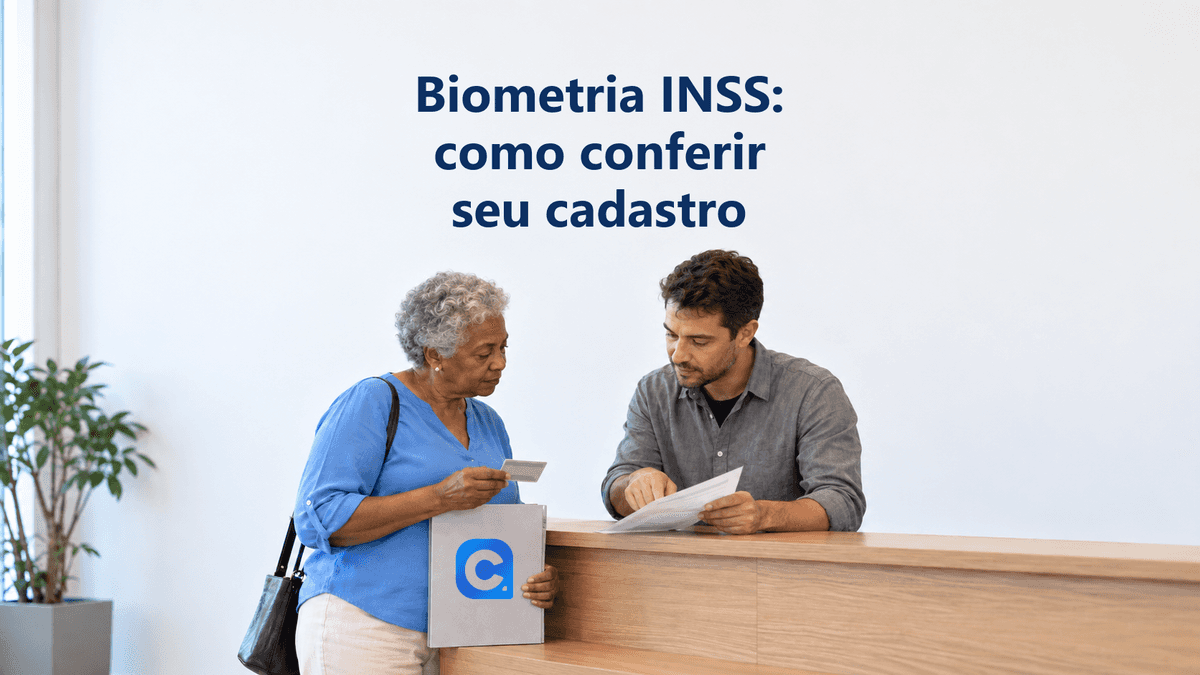 Mulher apresenta documento de identidade enquanto um orientador confere o protocolo, com uma pasta contendo o símbolo oficial do Meu Consig.