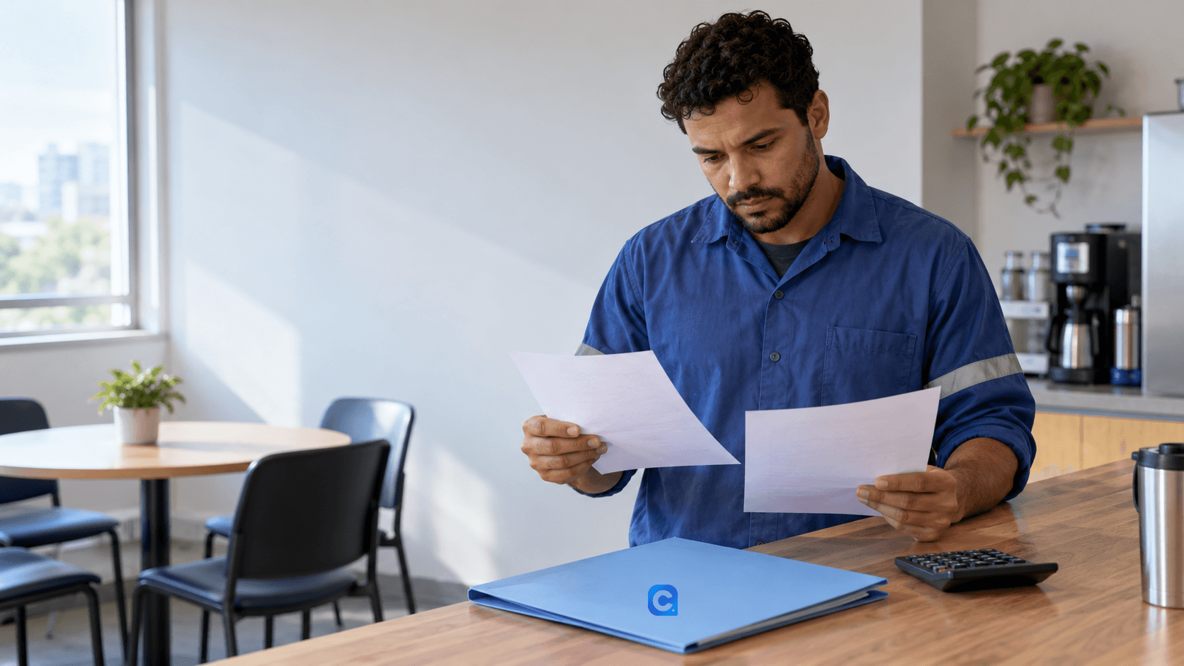 Trabalhador compara dois comprovantes em uma pausa no local de trabalho; o símbolo oficial Meu Consig aparece aplicado de forma discreta na pasta azul.