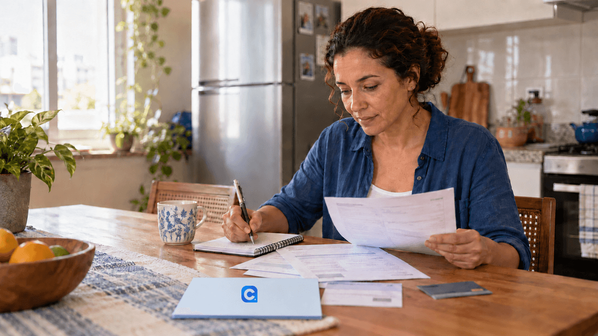 Mulher adulta analisa documentos financeiros em uma mesa, com pasta azul-clara e símbolo oficial do Meu Consig aplicado à capa.