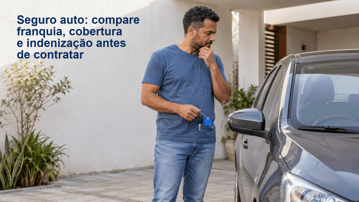 Homem segura chaves ao lado de um carro estacionado em garagem residencial.