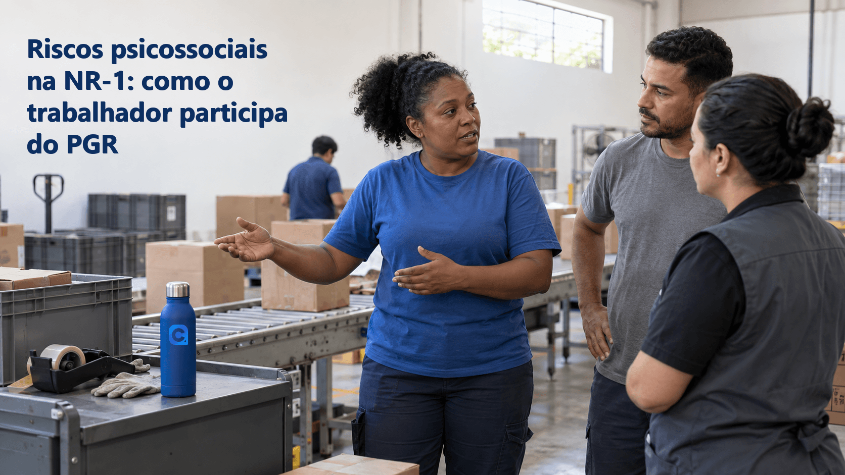 Três colegas conversam junto a uma esteira de separação; uma trabalhadora gesticula enquanto dois colegas escutam, com uma garrafa azul no carrinho.