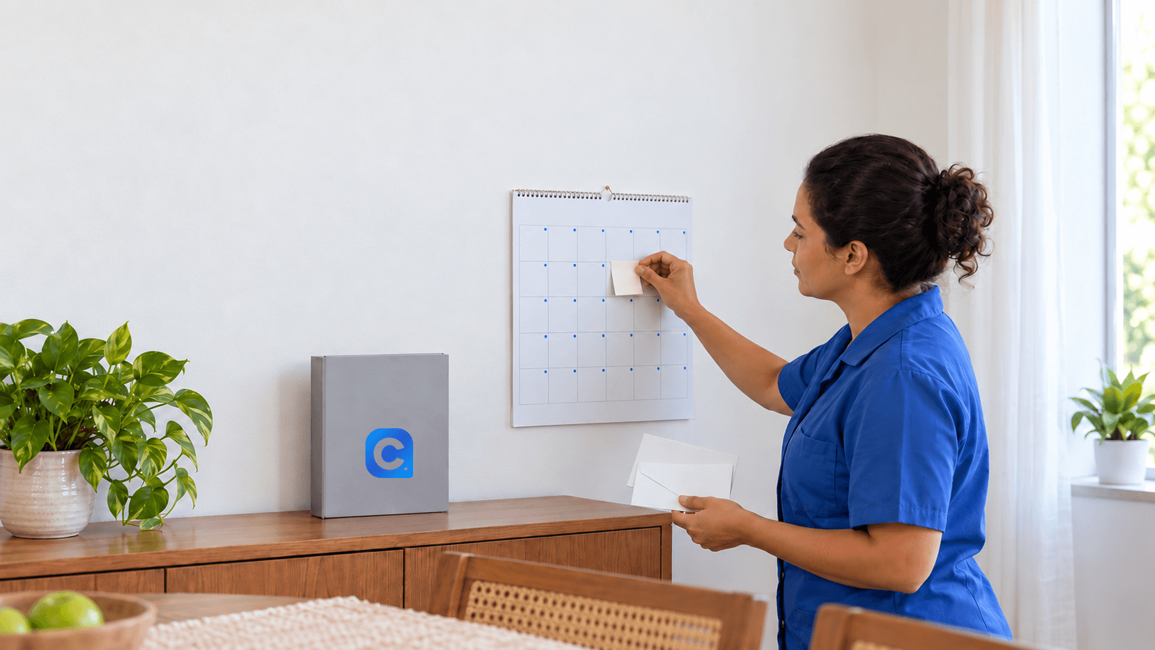 Trabalhadora de uniforme azul organiza vencimentos com notas sem texto em calendário doméstico e segura envelopes, com símbolo Meu Consig na pasta cinza apoiada no aparador.