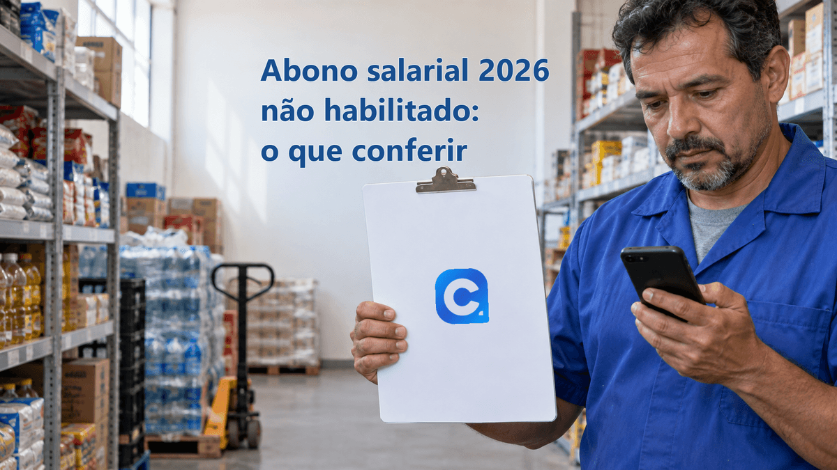Repositor de supermercado consulta celular e segura prancheta com o símbolo oficial do Meu Consig.