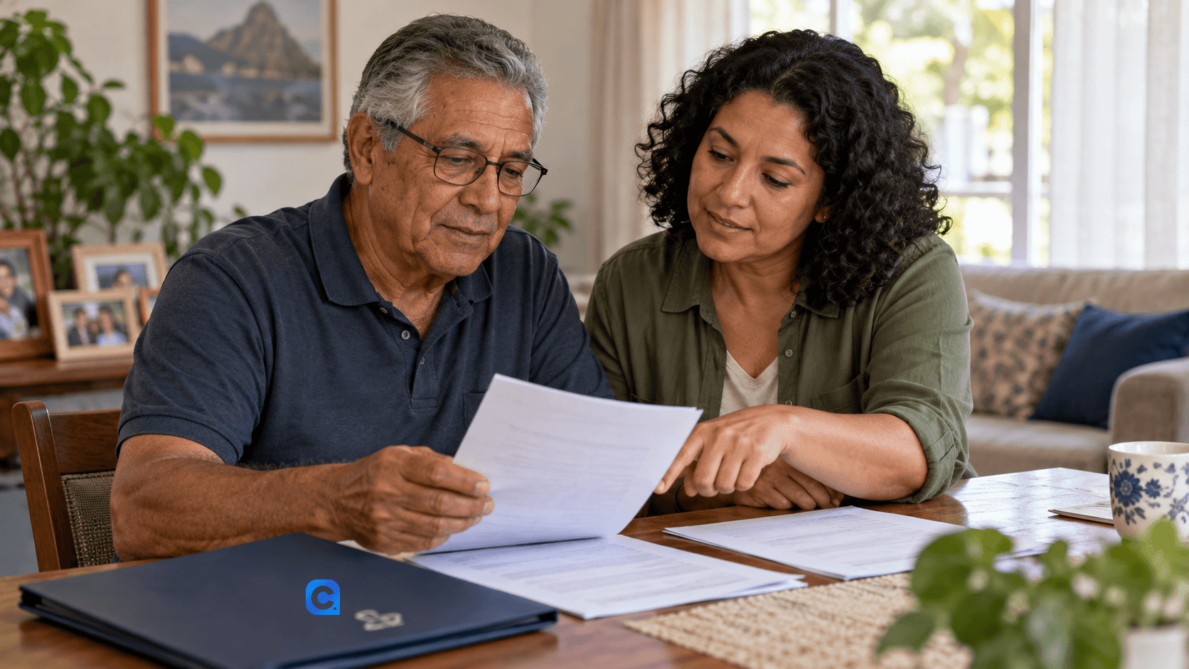 Pessoa idosa e familiar analisam documentos juntos em uma mesa, com uma pasta azul em primeiro plano