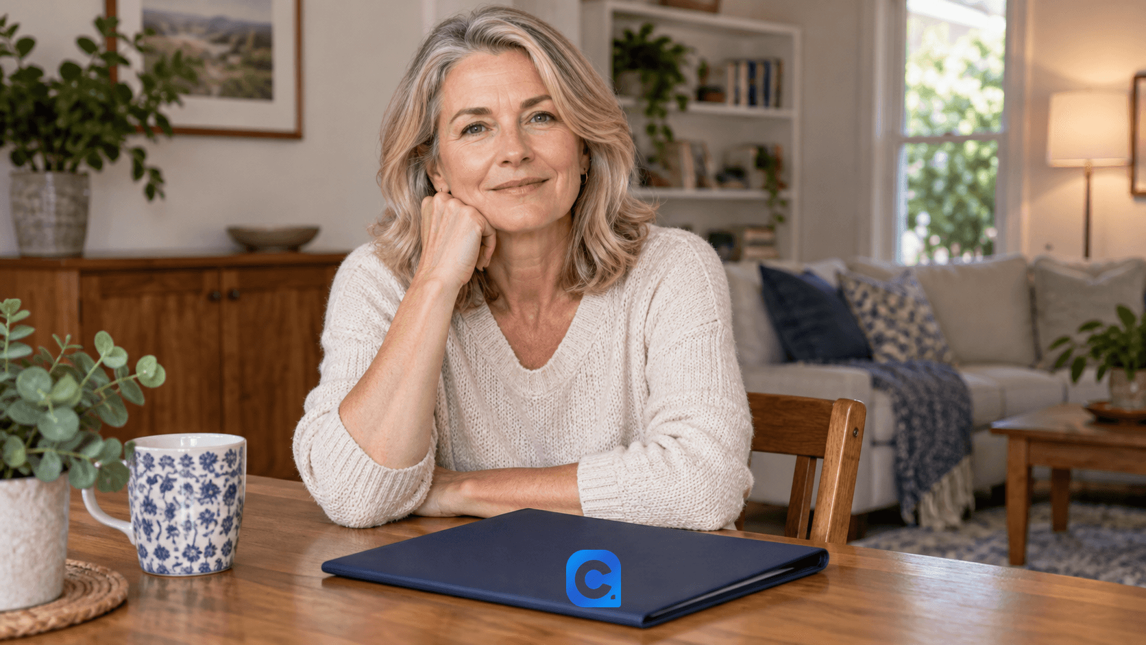Mulher adulta conversa em casa ao lado de uma pasta azul sobre a mesa, em cena editorial sobre prova de vida.