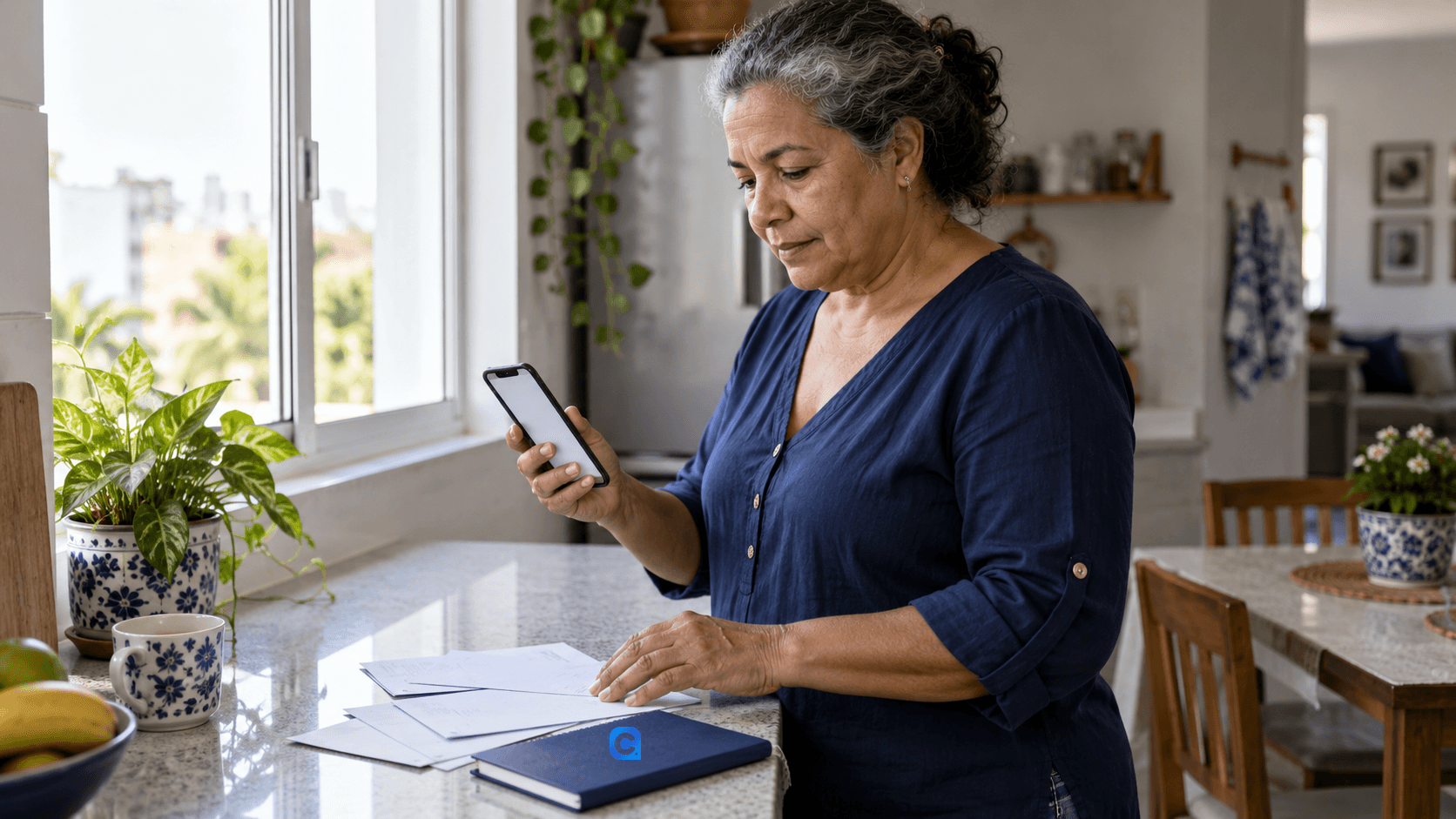 Mulher madura consulta o celular e organiza comprovantes em um balcão iluminado, com um caderno azul ao lado.