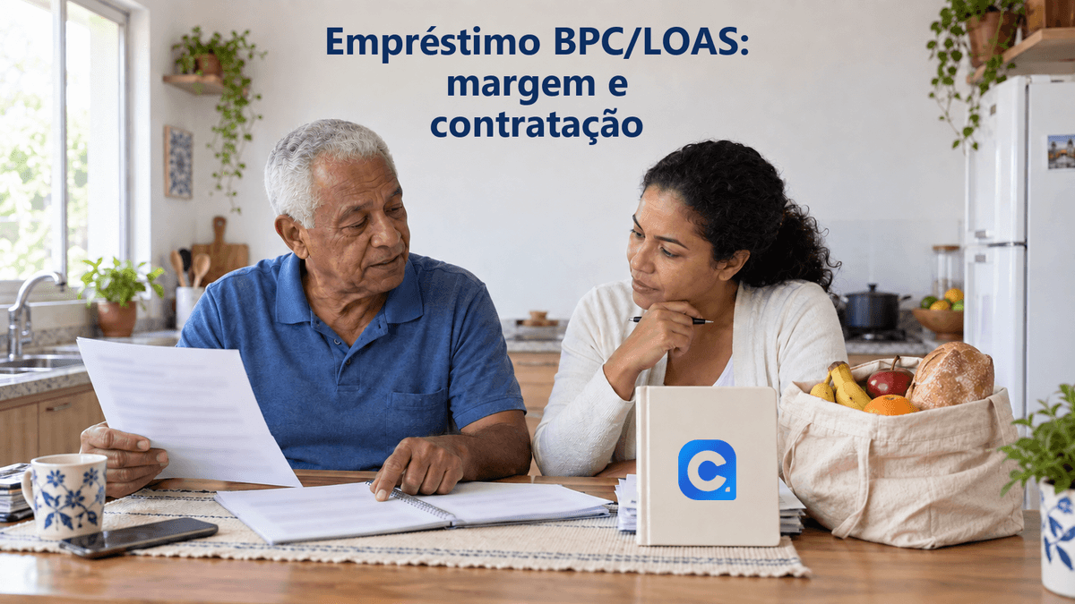 Pessoa idosa e familiar conferem proposta e despesas na cozinha, ao lado de compras de alimentação e de um caderno com o símbolo oficial do Meu Consig.