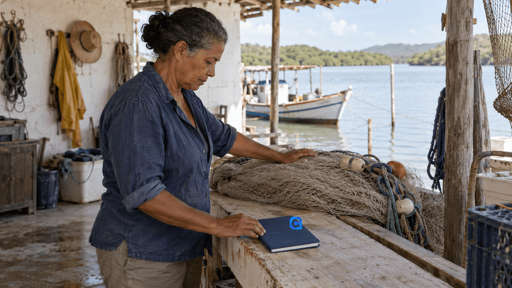 Pescadora artesanal organiza uma rede recolhida ao lado de um caderno azul, em uma embarcação junto ao estuário.
