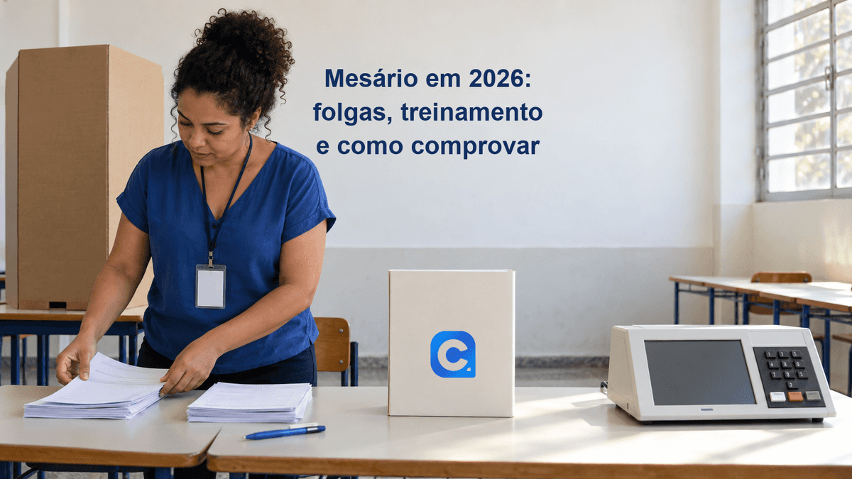 Mesária organiza uma seção eleitoral; símbolo oficial do Meu Consig em pasta branca.