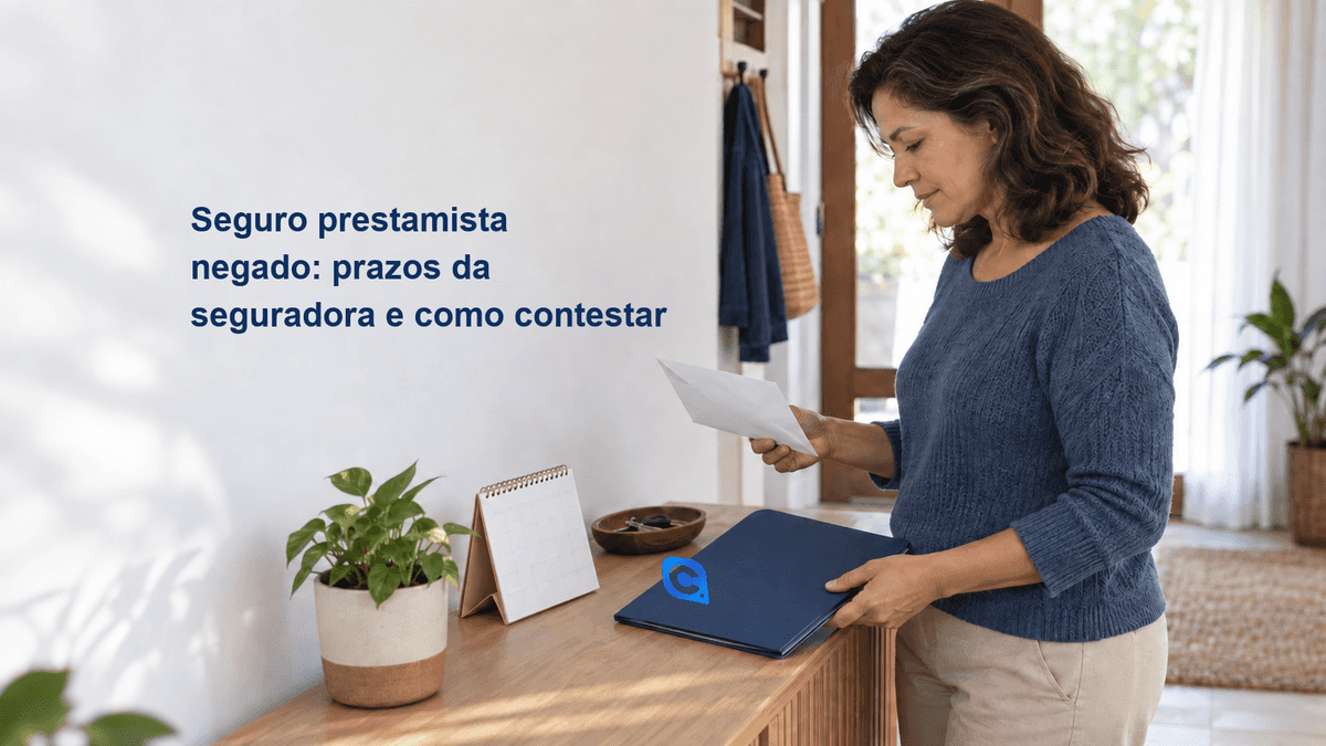 Mulher lê uma correspondência em casa enquanto segura uma pasta azul sobre um aparador.
