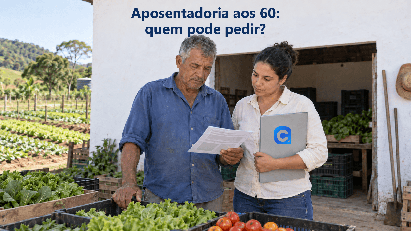 Trabalhador rural e familiar conferem documento junto aos caixotes de hortaliças; ela segura pasta com o símbolo oficial do Meu Consig em frente ao galpão da produção.