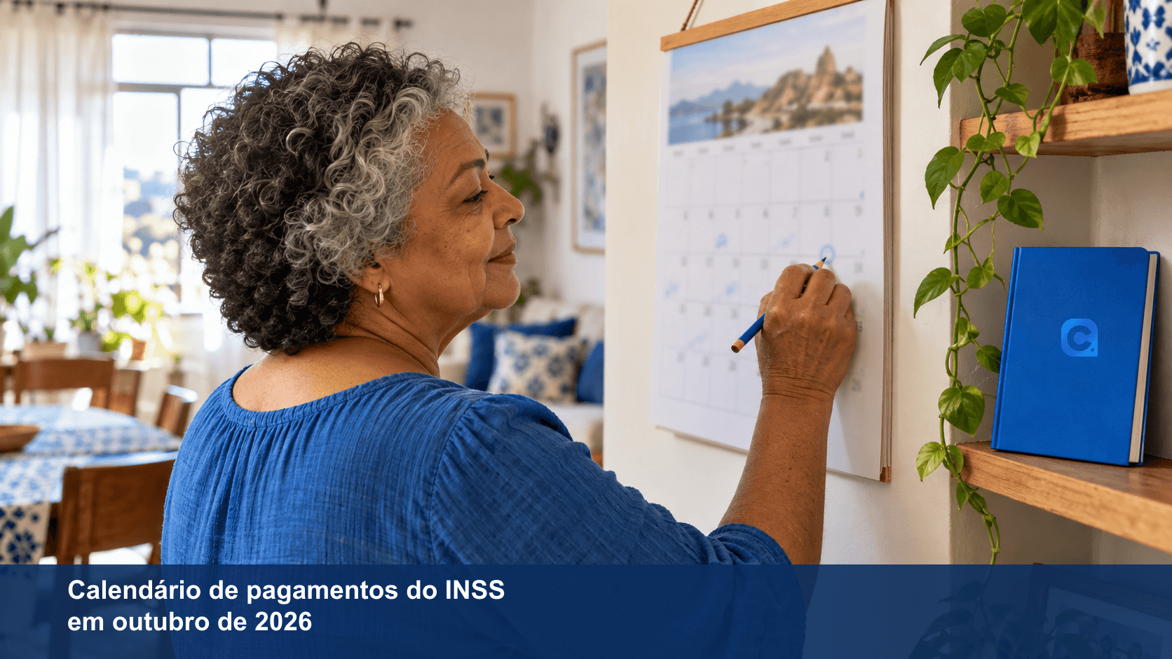 Aposentada marca um calendario de parede em casa, com um caderno azul na prateleira ao lado.