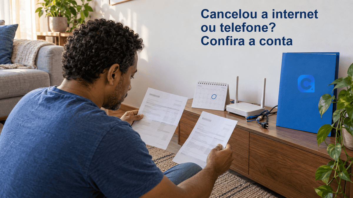 Homem confere faturas de telecomunicações junto a um roteador e uma pasta azul com o símbolo oficial do Meu Consig; na parede, o título Cancelou a internet ou telefone? Confira a conta.