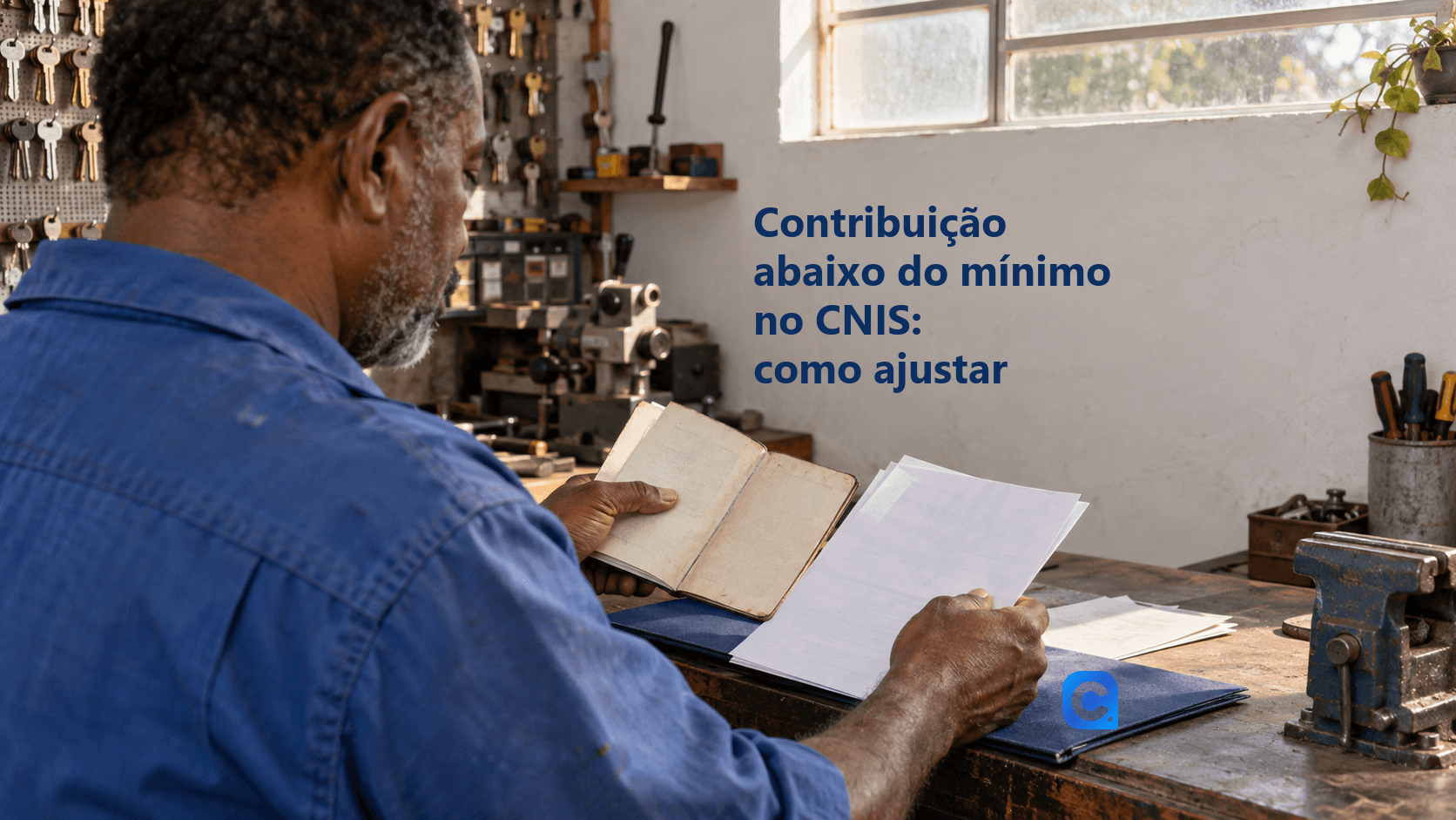 Chaveiro confere registros e documentos de contribuição em sua oficina.