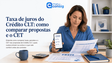 Trabalhador comparando taxa de juros, parcelas e CET de propostas de Crédito CLT