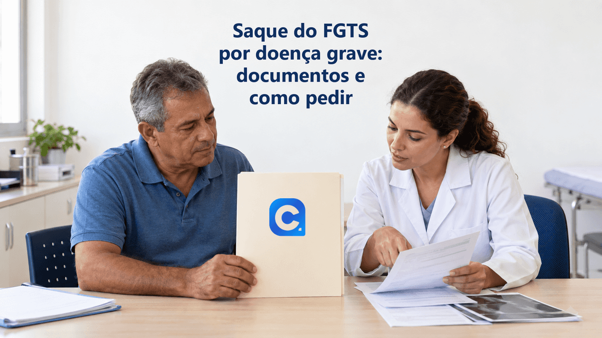 Trabalhador e profissional de saúde conferem documentos médicos ao lado de uma pasta com o símbolo oficial do Meu Consig.