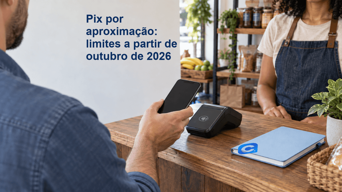 Consumidor adulto confere celular diante de terminal de aproximação, com caderno azul sobre o balcão.
