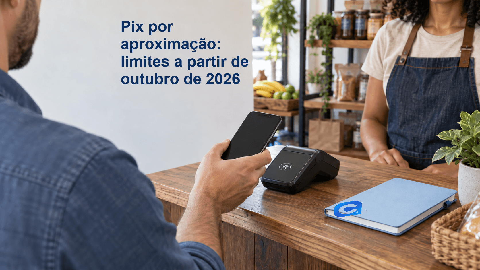 Consumidor adulto confere celular diante de terminal de aproximação, com caderno azul sobre o balcão.