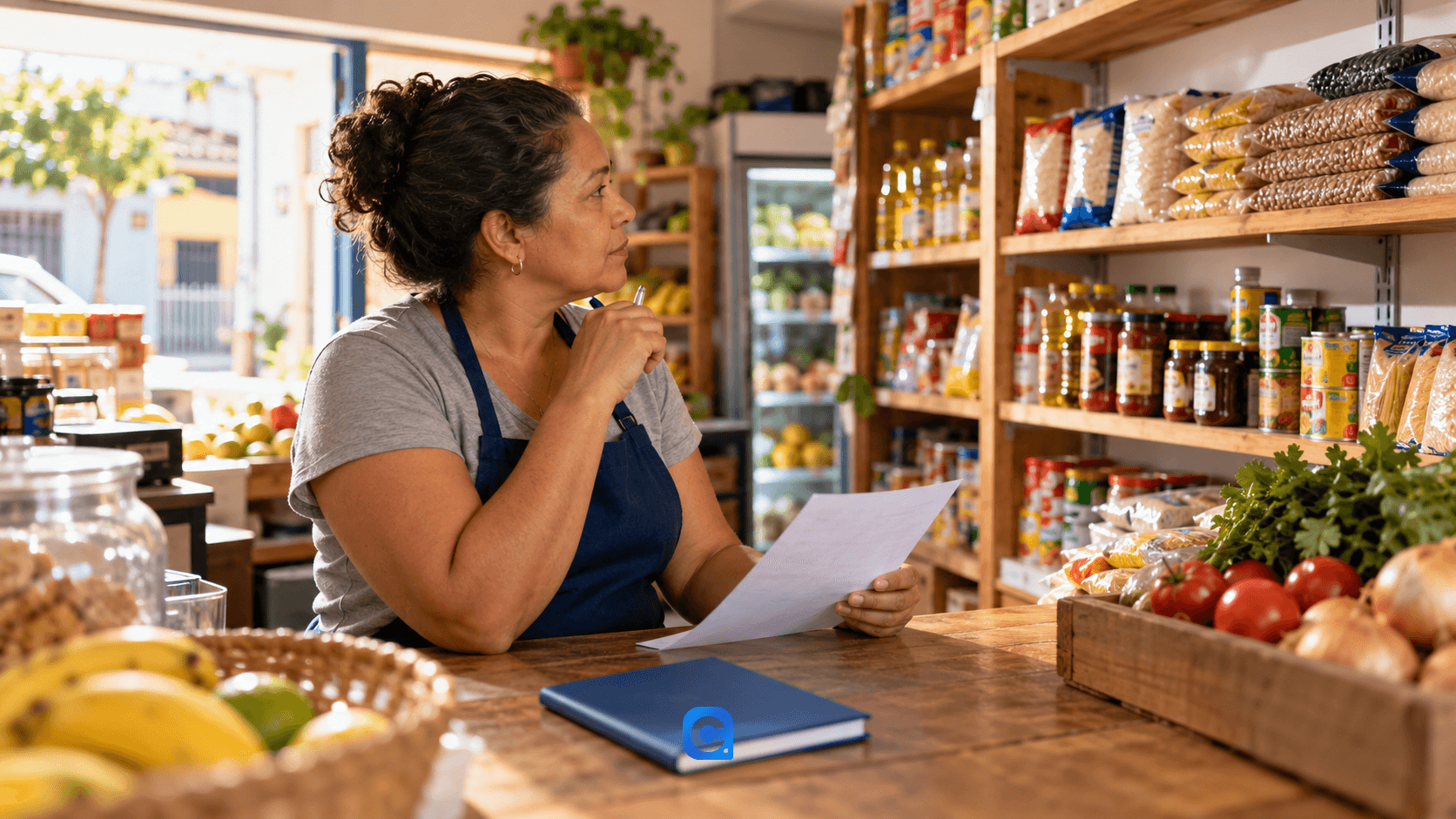 Comerciante de uma mercearia observa as prateleiras enquanto confere uma folha de controle sobre o balcão; símbolo oficial aparece discretamente em um caderno azul.