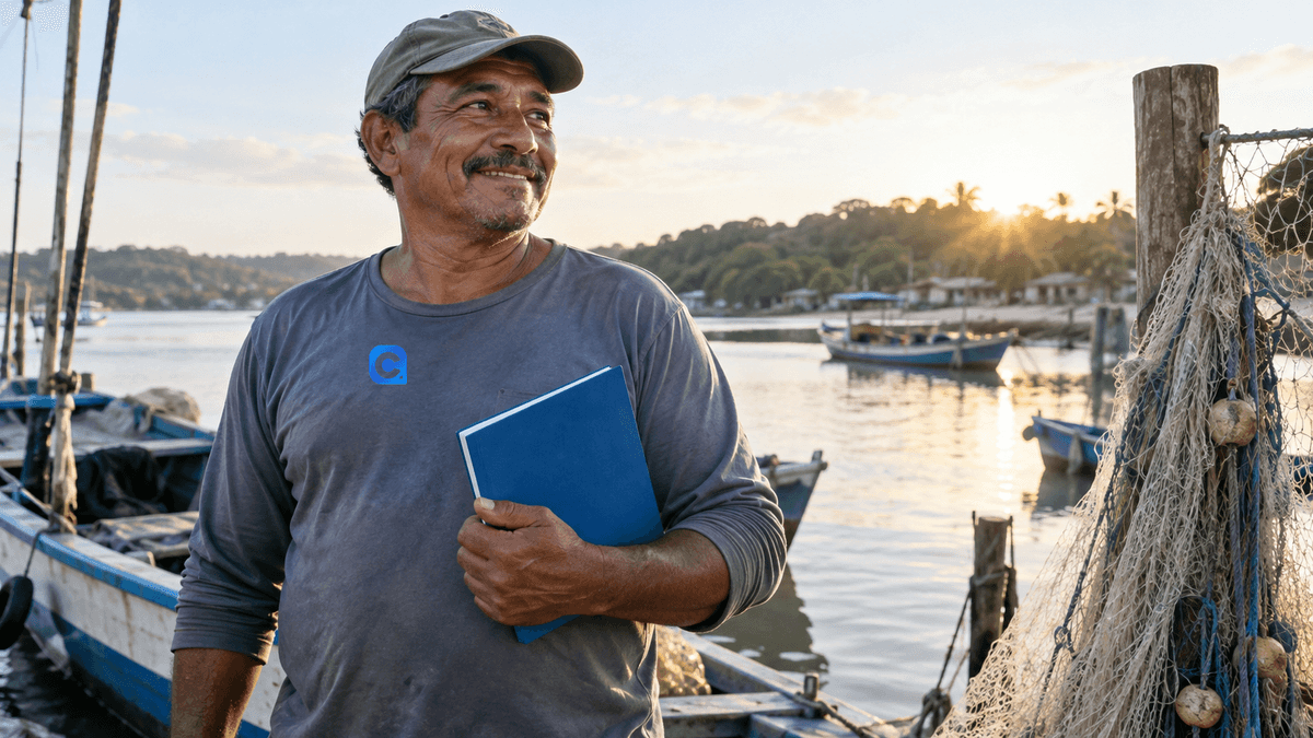 Pescador artesanal próximo a barco e redes, segurando caderno azul e com símbolo Meu Consig inteiro na camisa.