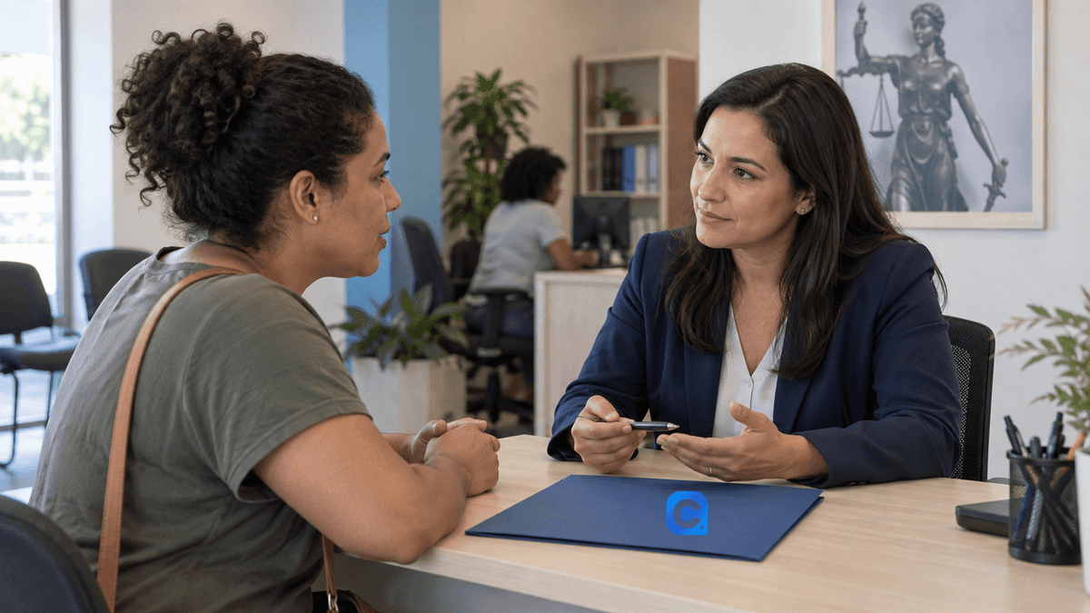 Mulher conversa com profissional atenciosa em ambiente claro; uma pasta azul está sobre a mesa.