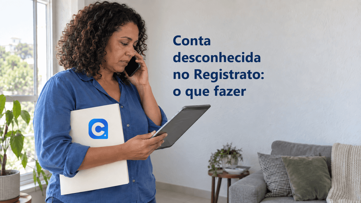 Mulher fala ao telefone enquanto consulta um tablet, com símbolo oficial do Meu Consig em uma pasta clara.