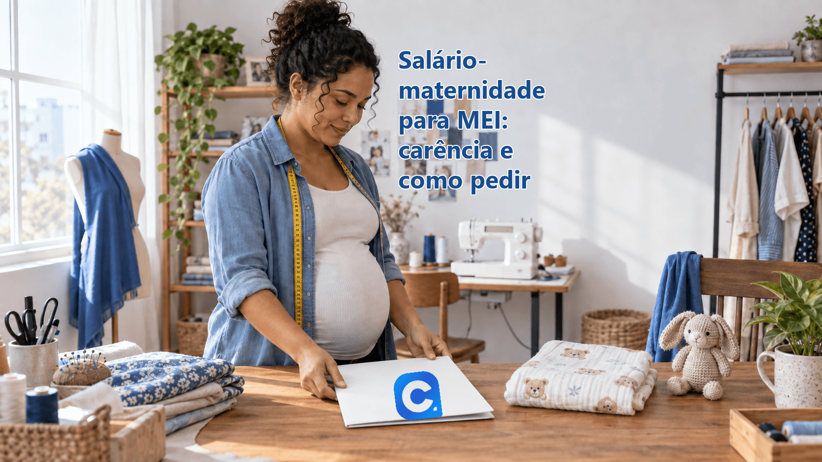 Costureira grávida organiza pasta branca no ateliê, com o símbolo oficial do Meu Consig.