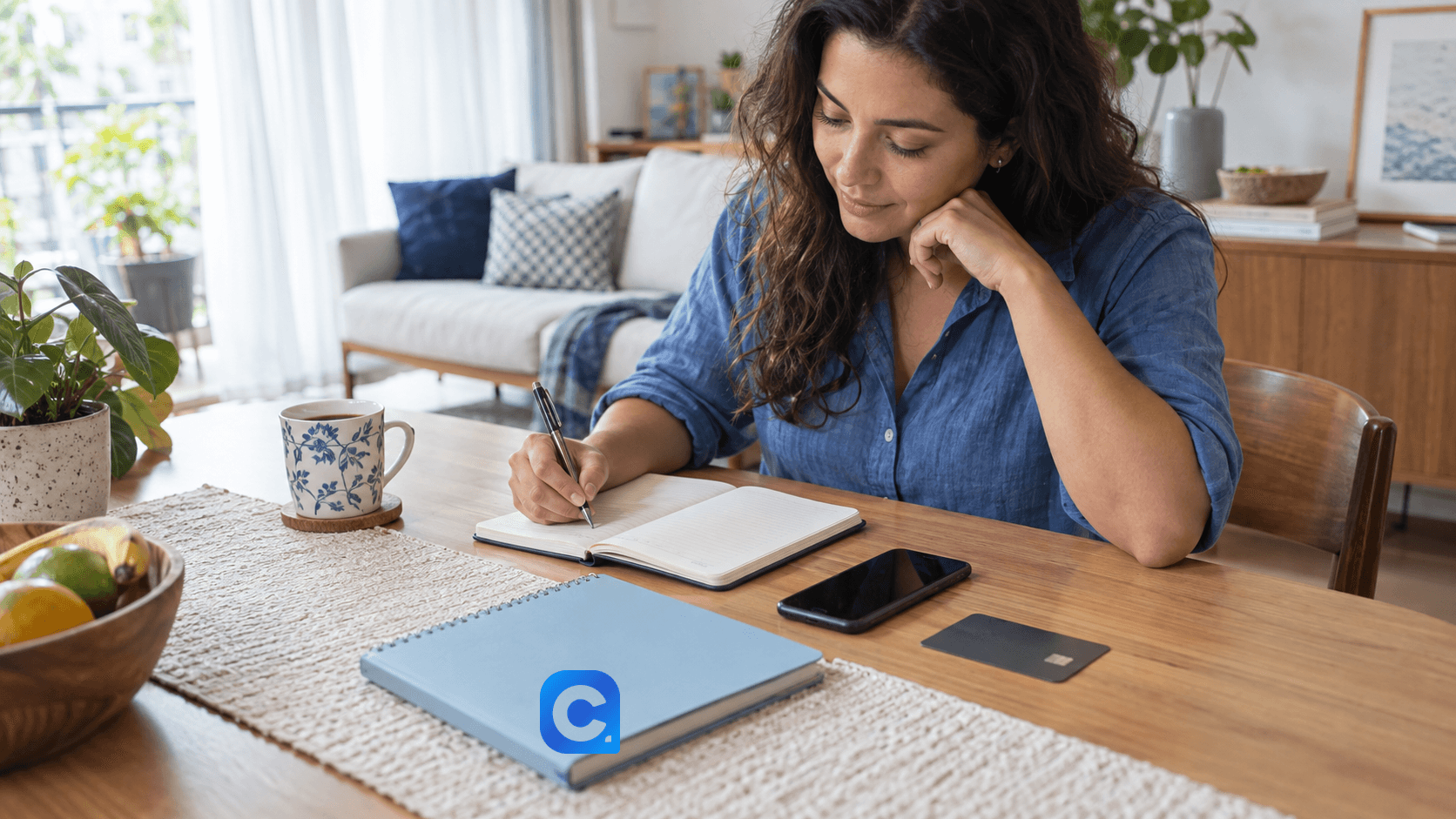 Mulher adulta compara despesas planejadas em um caderno azul sobre a mesa de casa; um cartão genérico e um celular sem conteúdo visível aparecem ao lado.