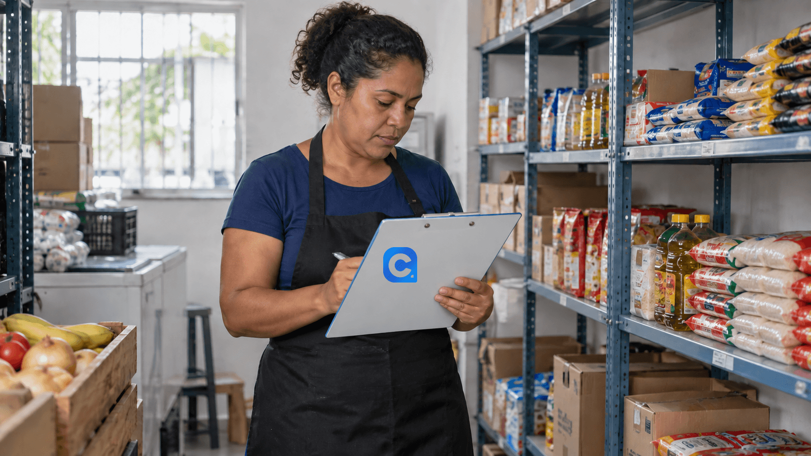 Trabalhadora de mercado confere uma prancheta durante a organização do estoque.