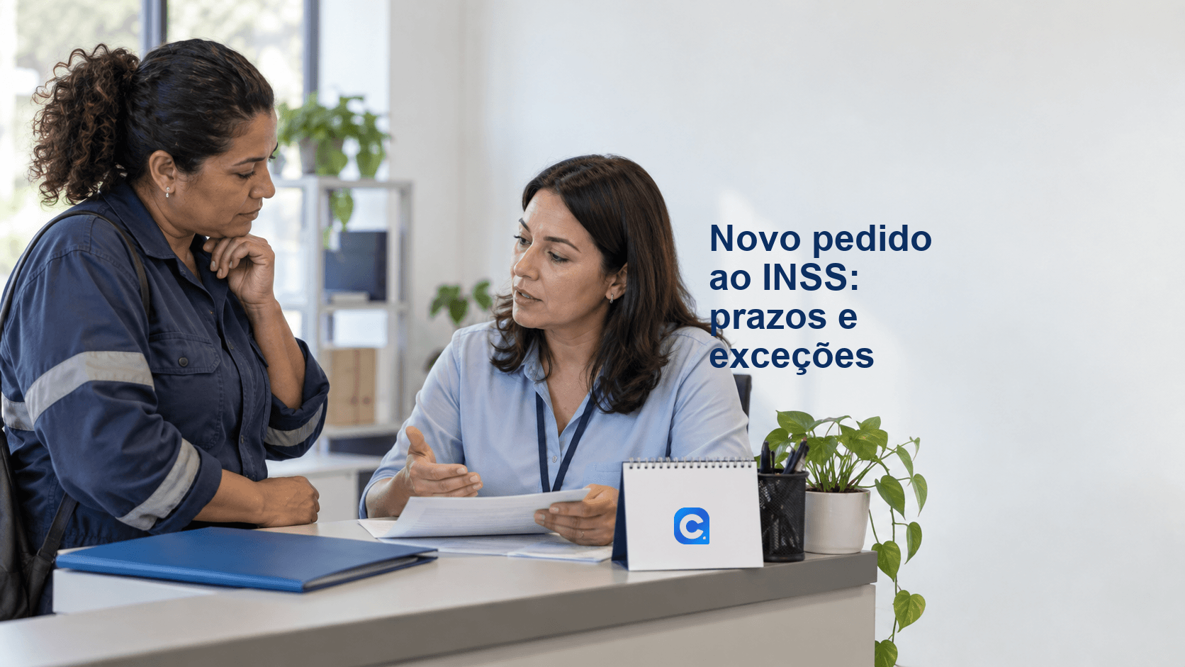 Trabalhadora recebe orientação sobre prazos do INSS, com calendário e símbolo Meu Consig.
