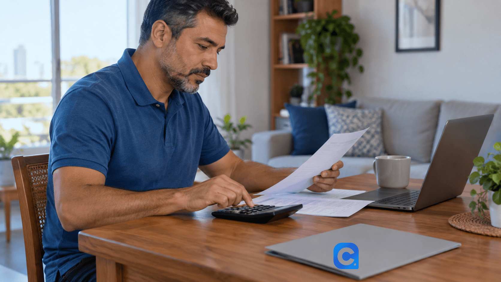 Homem de camisa polo azul compara documentos com calculadora e computador.