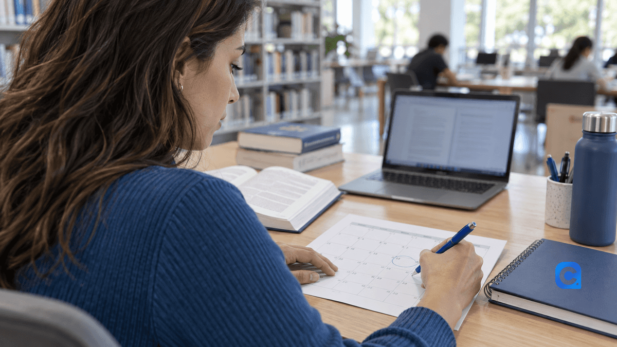 Candidata estuda em biblioteca e marca uma data em calendário impresso, com notebook ao fundo e caderno azul à mão.