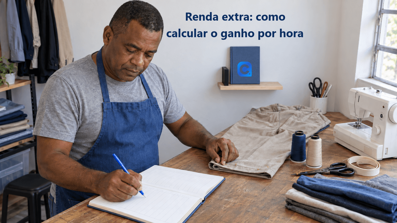 Costureiro registra a atividade num caderno ao lado de uma calça em ajuste, linhas e materiais; símbolo Meu Consig no caderno azul apoiado na prateleira.