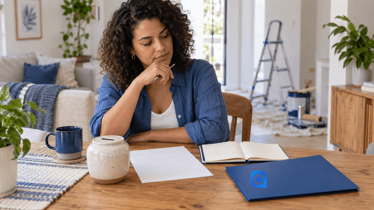 Mulher compara com calma um plano de reforma doméstica, com planner, folha sem texto legível e pasta azul sobre a mesa.