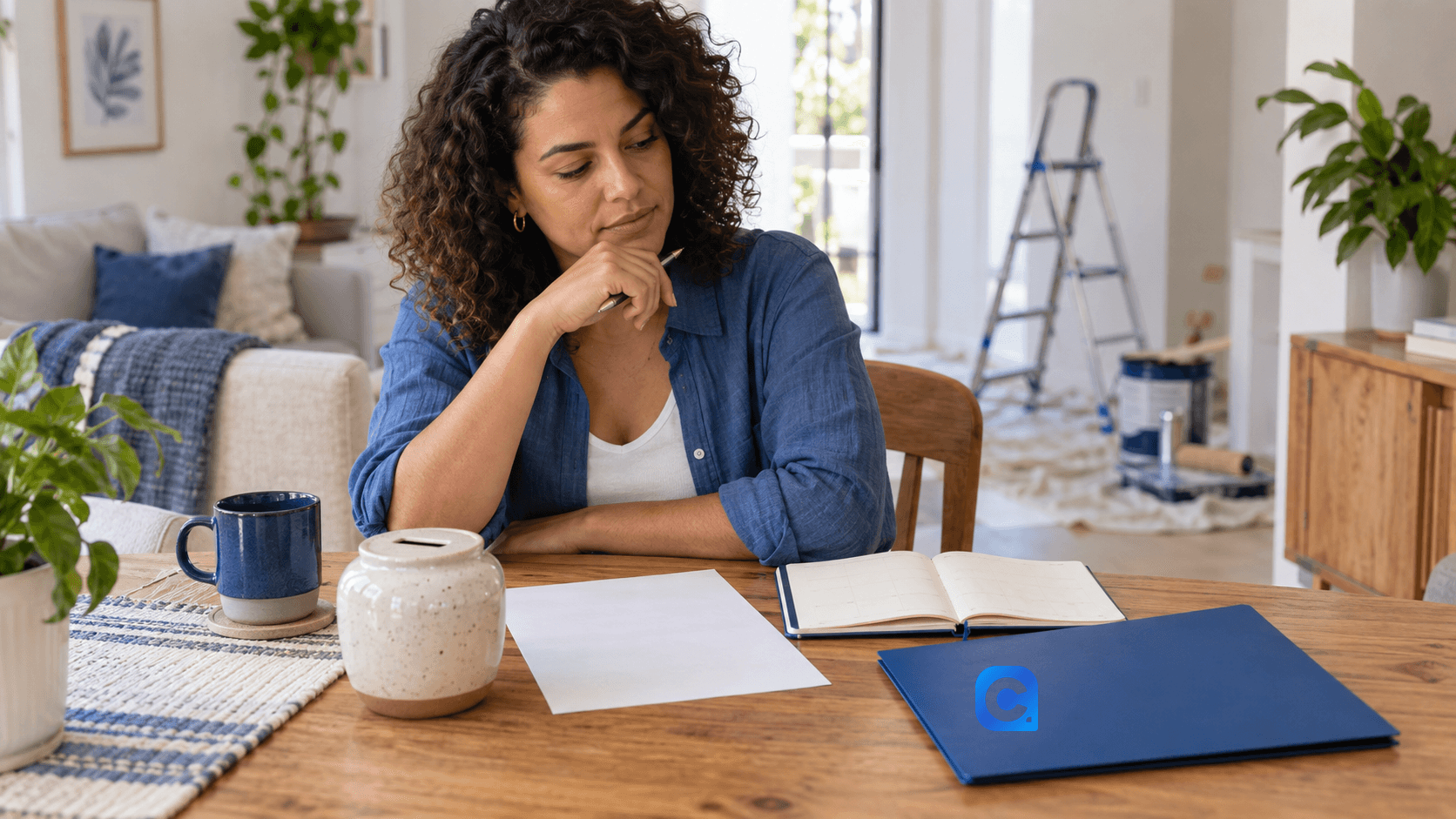 Mulher compara com calma um plano de reforma doméstica, com planner, folha sem texto legível e pasta azul sobre a mesa.