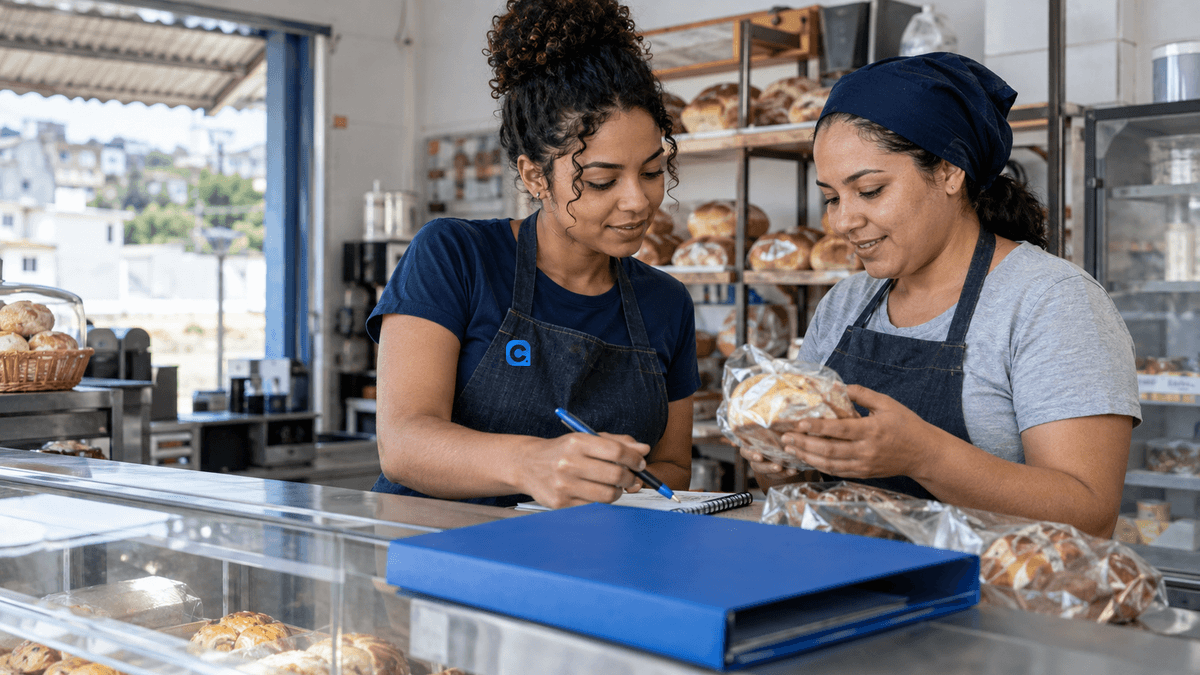 Duas trabalhadoras conversam enquanto conferem produtos em uma padaria; uma pasta azul está sobre o balcão.